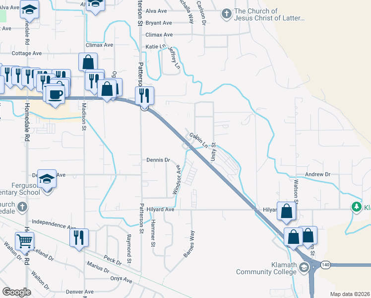 map of restaurants, bars, coffee shops, grocery stores, and more near 6412 South 6th Street in Klamath Falls