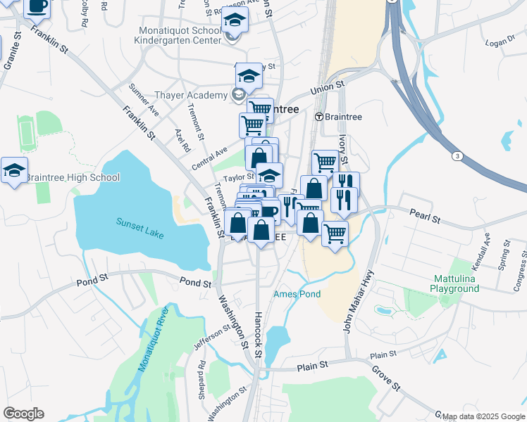 map of restaurants, bars, coffee shops, grocery stores, and more near 857 Washington Street in Braintree