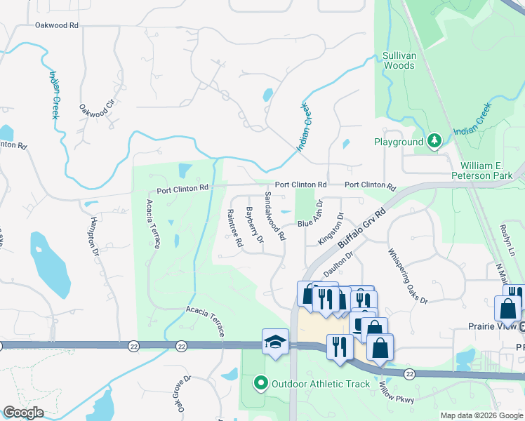 map of restaurants, bars, coffee shops, grocery stores, and more near 3002 Sandalwood Road in Buffalo Grove