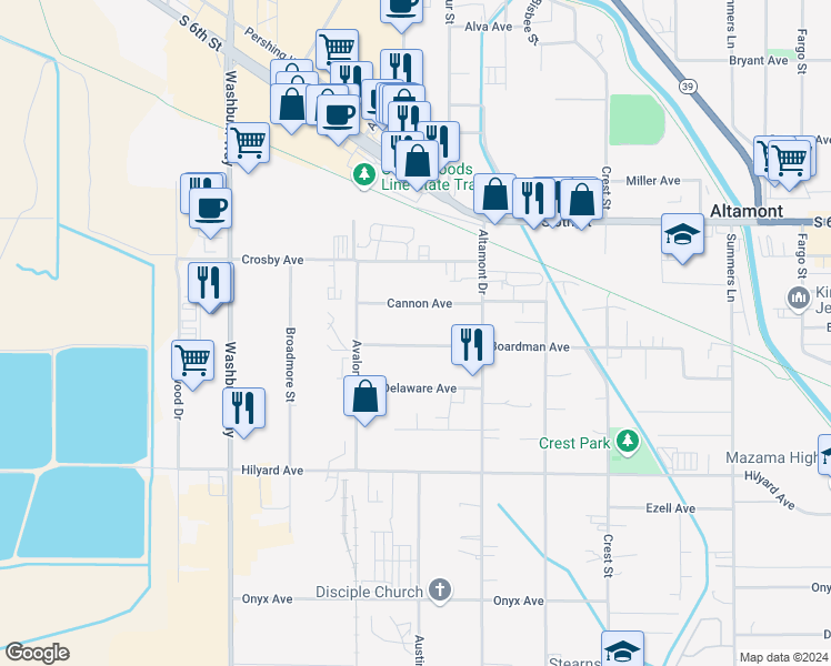 map of restaurants, bars, coffee shops, grocery stores, and more near 3114 Cannon Avenue in Klamath Falls