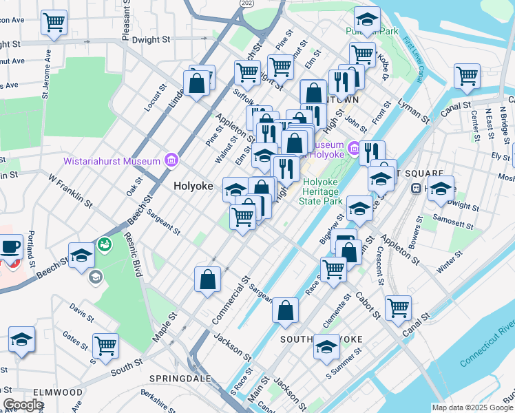 map of restaurants, bars, coffee shops, grocery stores, and more near 330 Maple Street in Holyoke