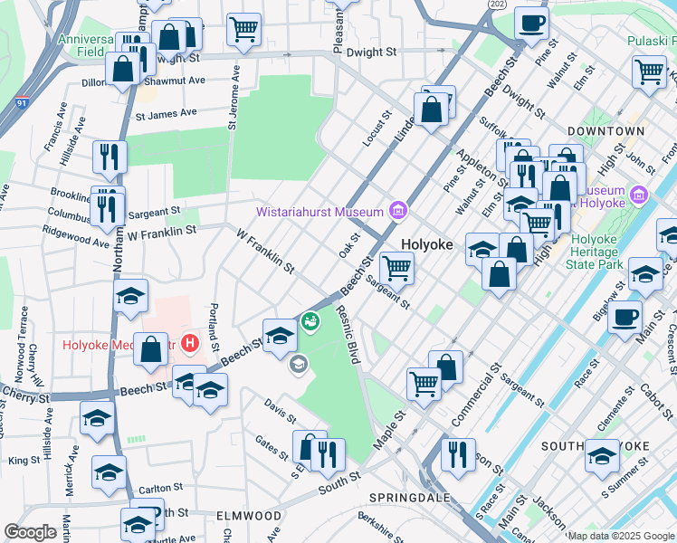 map of restaurants, bars, coffee shops, grocery stores, and more near 184 Sargeant Street in Holyoke