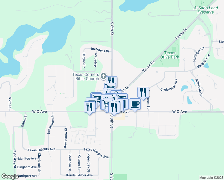 map of restaurants, bars, coffee shops, grocery stores, and more near South 8th Street in Kalamazoo