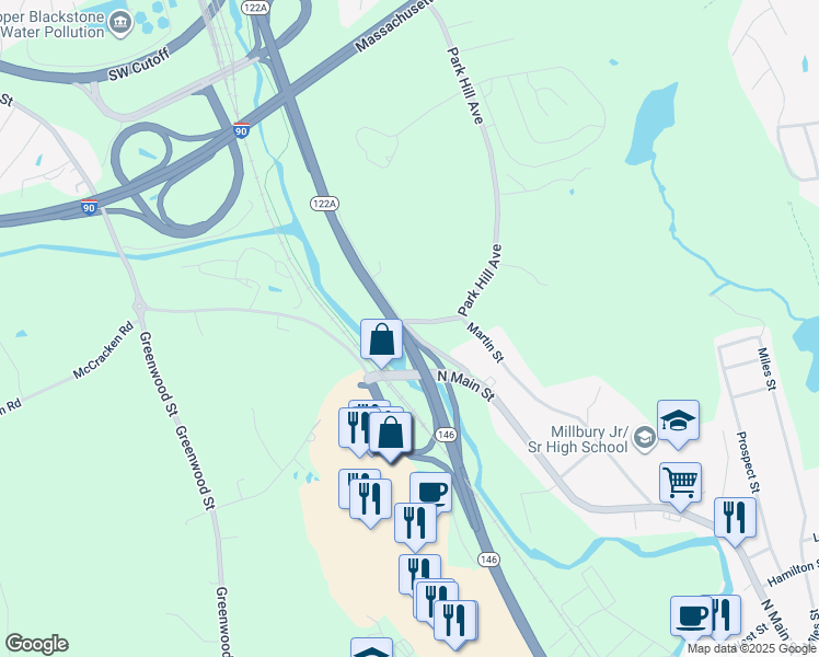 map of restaurants, bars, coffee shops, grocery stores, and more near 2 Park Hill Avenue in Millbury
