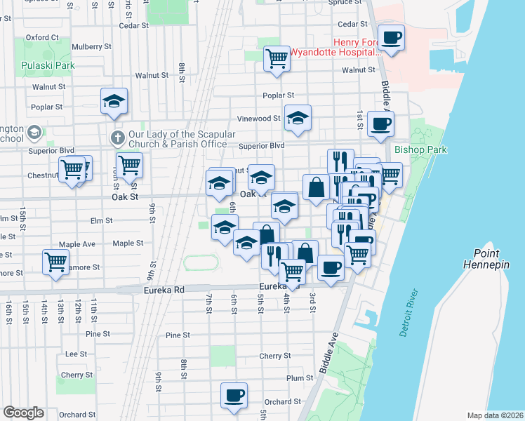 map of restaurants, bars, coffee shops, grocery stores, and more near 427 Oak Street in Wyandotte