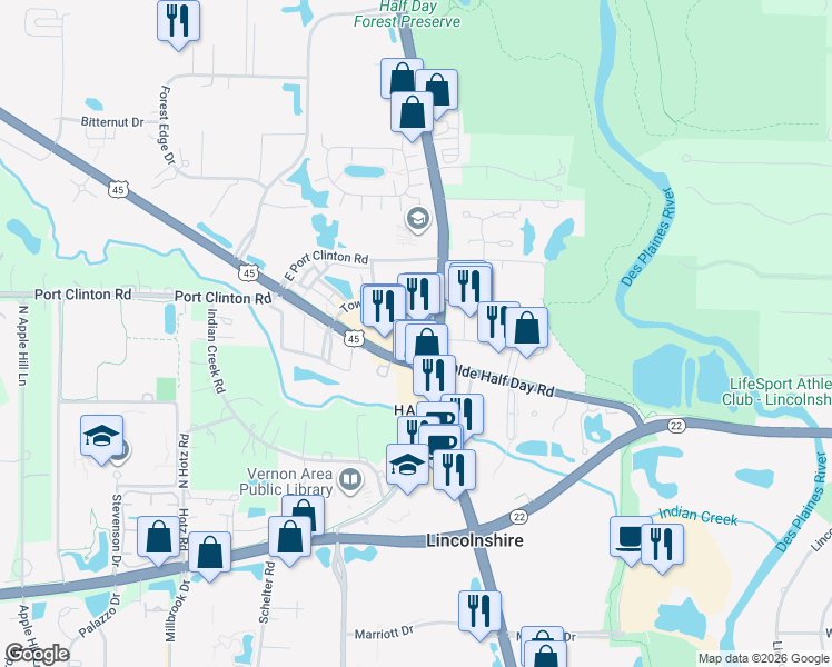 map of restaurants, bars, coffee shops, grocery stores, and more near 1250 South Milwaukee Avenue in Vernon Hills