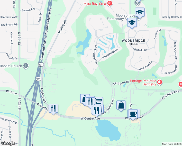map of restaurants, bars, coffee shops, grocery stores, and more near 3781 Glenkerry Court in Portage
