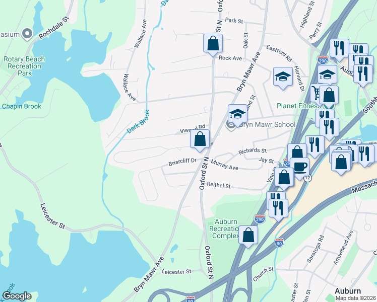 map of restaurants, bars, coffee shops, grocery stores, and more near 4 Mayfield Road in Auburn