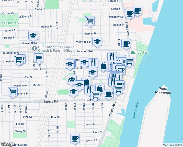 map of restaurants, bars, coffee shops, grocery stores, and more near 427 Oak Street in Wyandotte