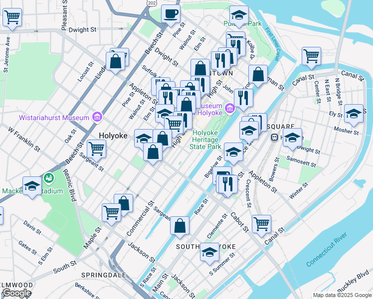 map of restaurants, bars, coffee shops, grocery stores, and more near 23 Essex Street in Holyoke