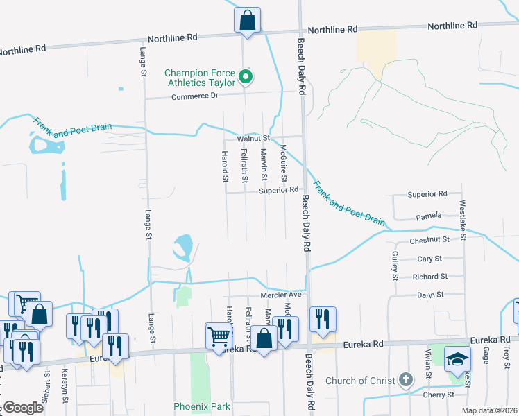 map of restaurants, bars, coffee shops, grocery stores, and more near 26045 Superior Road in Taylor