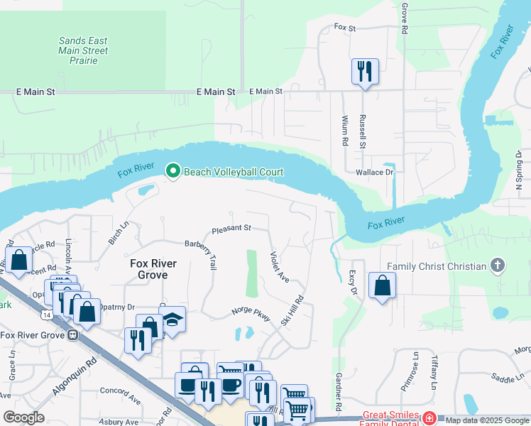 map of restaurants, bars, coffee shops, grocery stores, and more near 914 Johnson Street in Fox River Grove