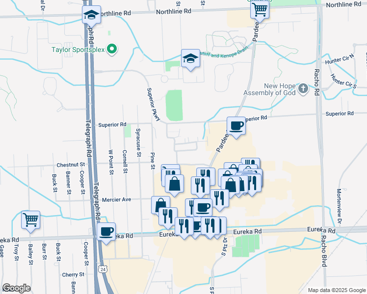 map of restaurants, bars, coffee shops, grocery stores, and more near 23232 Sunset Road in Taylor