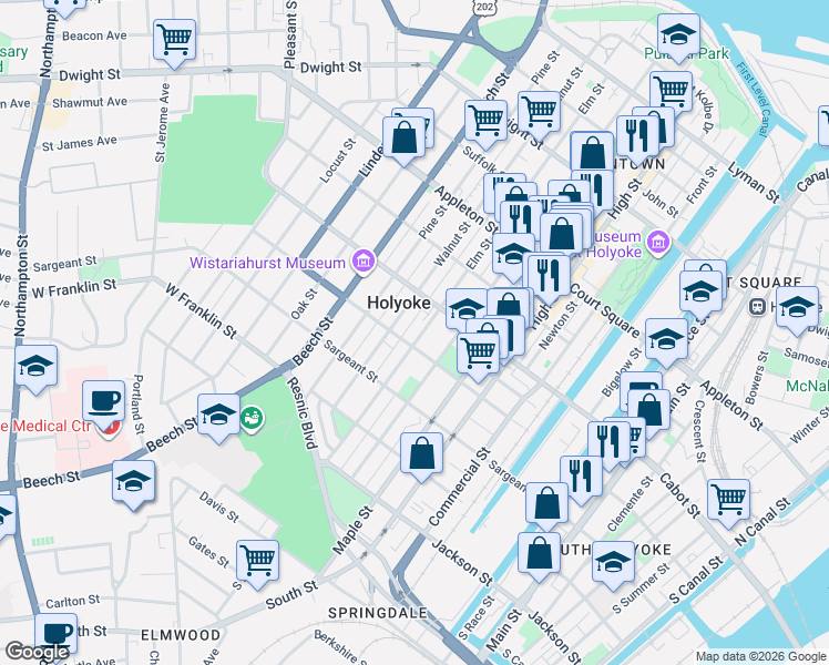 map of restaurants, bars, coffee shops, grocery stores, and more near 243 Elm Street in Holyoke