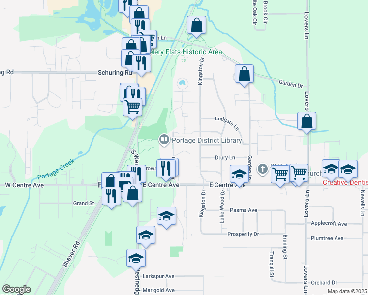 map of restaurants, bars, coffee shops, grocery stores, and more near 7855 Currier Drive in Portage