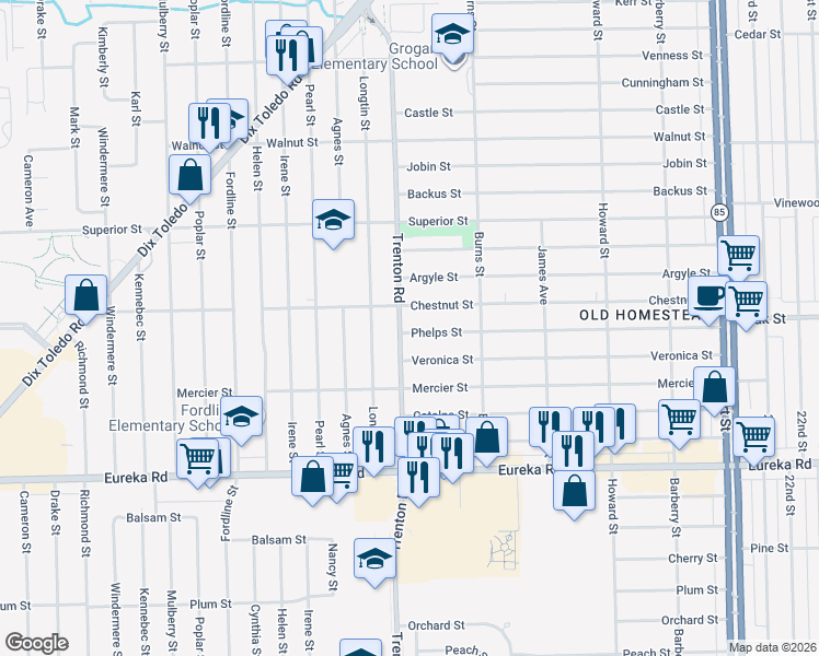 map of restaurants, bars, coffee shops, grocery stores, and more near 14317 Trenton Road in Southgate