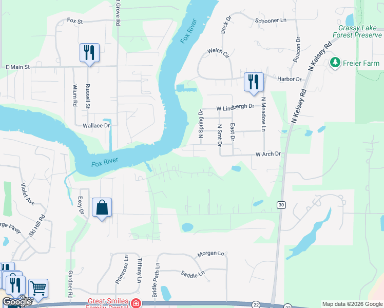 map of restaurants, bars, coffee shops, grocery stores, and more near 23428 North Spring Drive in Barrington