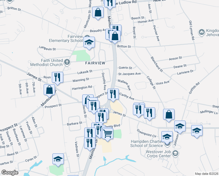 map of restaurants, bars, coffee shops, grocery stores, and more near 21 May Street in Chicopee