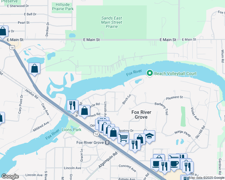 map of restaurants, bars, coffee shops, grocery stores, and more near 414 North River Road in Fox River Grove
