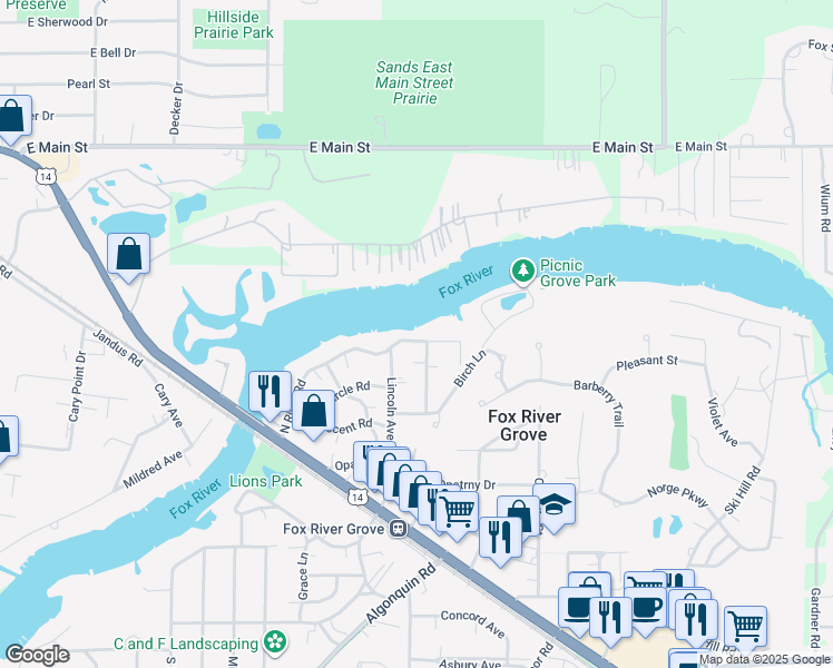 map of restaurants, bars, coffee shops, grocery stores, and more near 414 North River Road in Fox River Grove