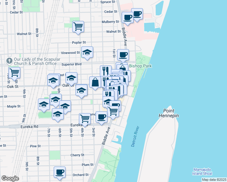 map of restaurants, bars, coffee shops, grocery stores, and more near 2958 1st Street in Wyandotte