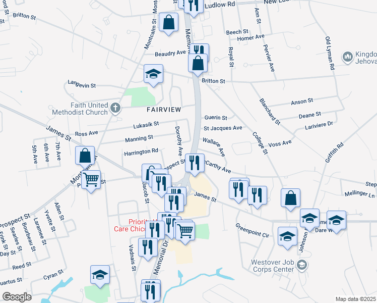map of restaurants, bars, coffee shops, grocery stores, and more near 21 May Street in Chicopee