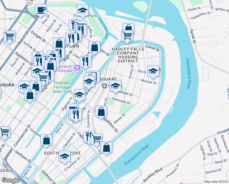map of restaurants, bars, coffee shops, grocery stores, and more near 269 East Dwight Street in Holyoke