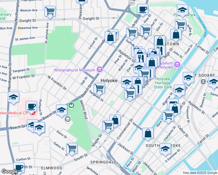 map of restaurants, bars, coffee shops, grocery stores, and more near in Holyoke