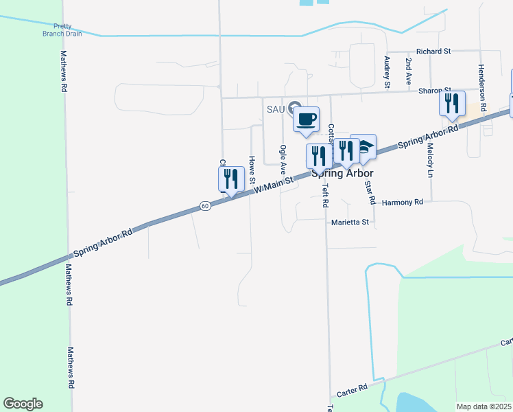 map of restaurants, bars, coffee shops, grocery stores, and more near 233 West Main Street in Spring Arbor