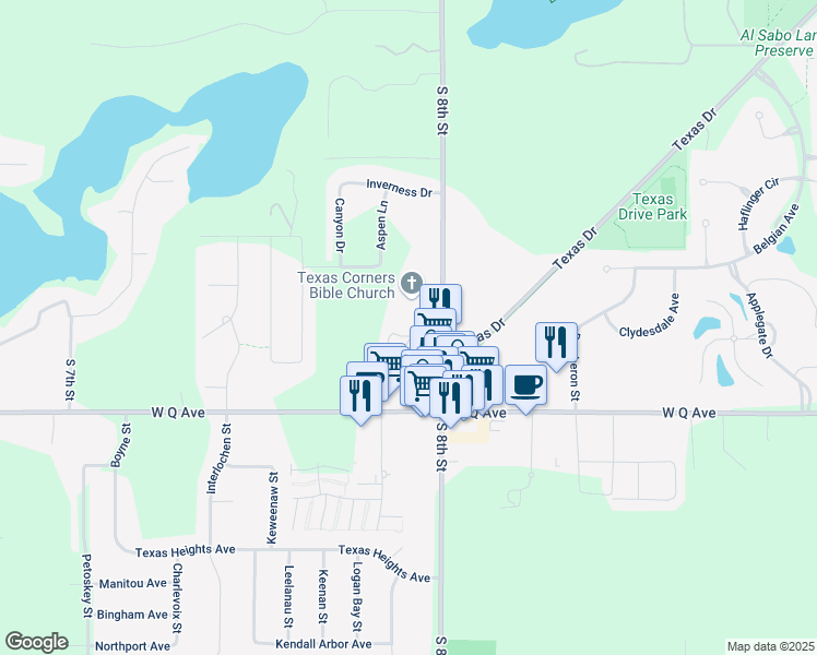 map of restaurants, bars, coffee shops, grocery stores, and more near 7780 South 8th Street in Kalamazoo