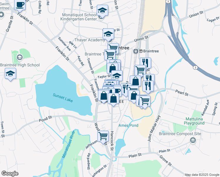 map of restaurants, bars, coffee shops, grocery stores, and more near 857 Washington Street in Braintree