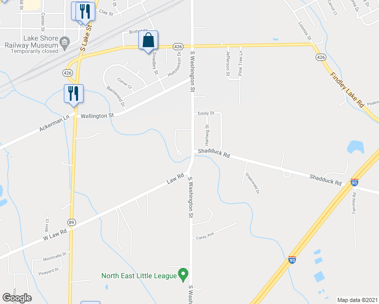 map of restaurants, bars, coffee shops, grocery stores, and more near 4360 South Washington Street in North East