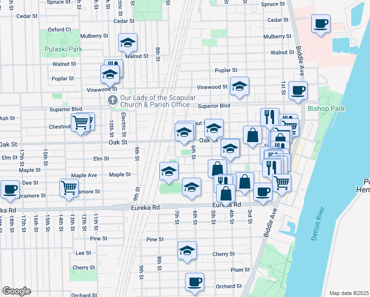 map of restaurants, bars, coffee shops, grocery stores, and more near 639 Oak Street in Wyandotte