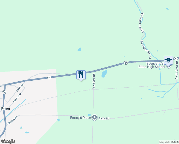 map of restaurants, bars, coffee shops, grocery stores, and more near 1308 New York 34 in Spencer
