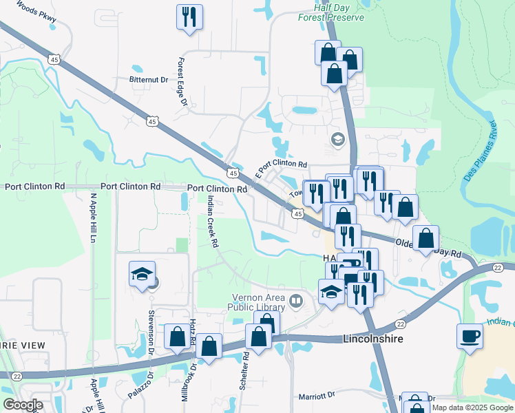 map of restaurants, bars, coffee shops, grocery stores, and more near 1195 Caroline Court in Vernon Hills