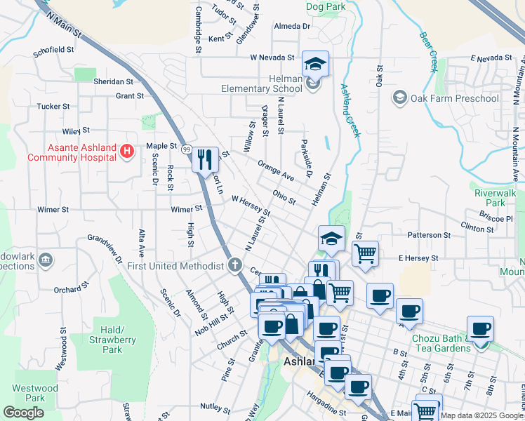 map of restaurants, bars, coffee shops, grocery stores, and more near 210 West Hersey Street in Ashland