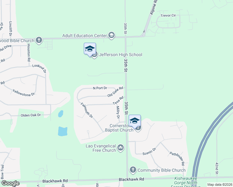 map of restaurants, bars, coffee shops, grocery stores, and more near 4227 Old Gate Road in Rockford