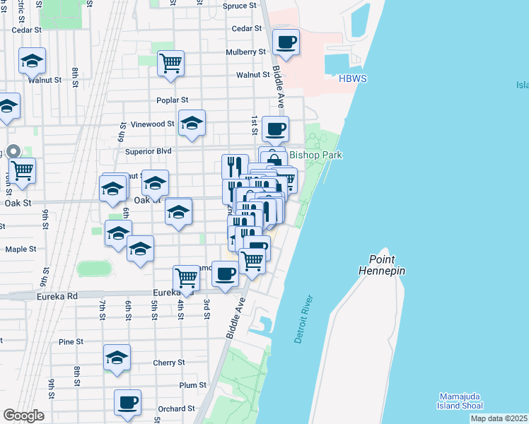 map of restaurants, bars, coffee shops, grocery stores, and more near 2958 1st Street in Wyandotte