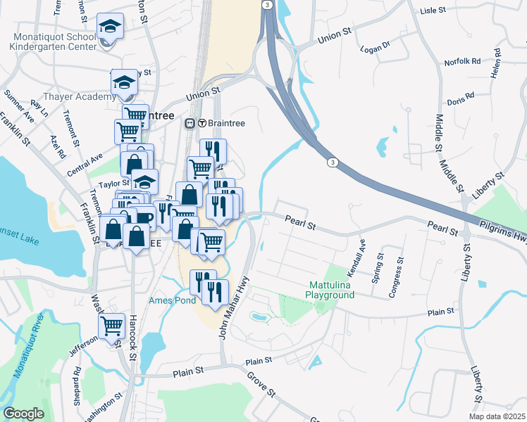 map of restaurants, bars, coffee shops, grocery stores, and more near 202 Pearl Street in Braintree