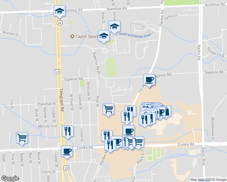 map of restaurants, bars, coffee shops, grocery stores, and more near 23370 Sunset Road in Taylor