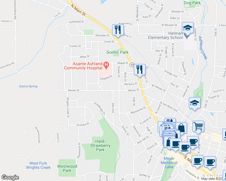 map of restaurants, bars, coffee shops, grocery stores, and more near Wimer St & Alta Ave in Ashland