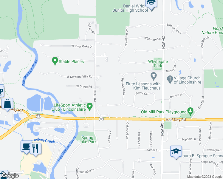 map of restaurants, bars, coffee shops, grocery stores, and more near 14445 West Mayland Villa Road in Lincolnshire