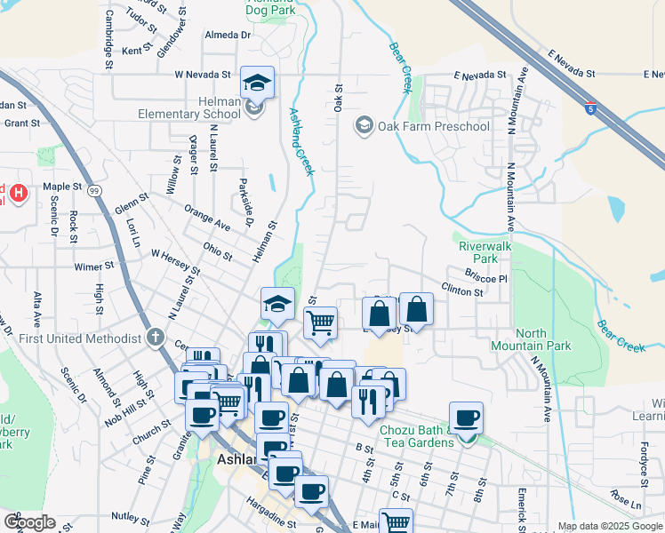map of restaurants, bars, coffee shops, grocery stores, and more near 680 Oak Street in Ashland