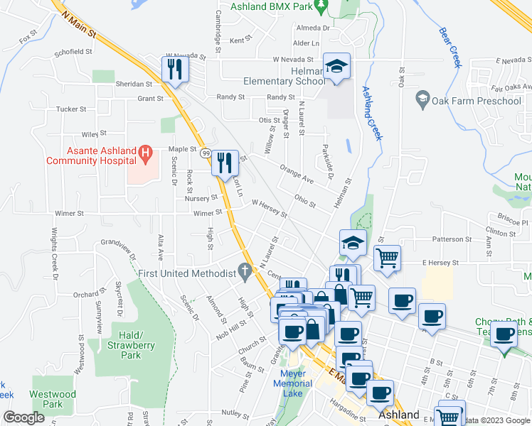 map of restaurants, bars, coffee shops, grocery stores, and more near 279 West Hersey Street in Ashland