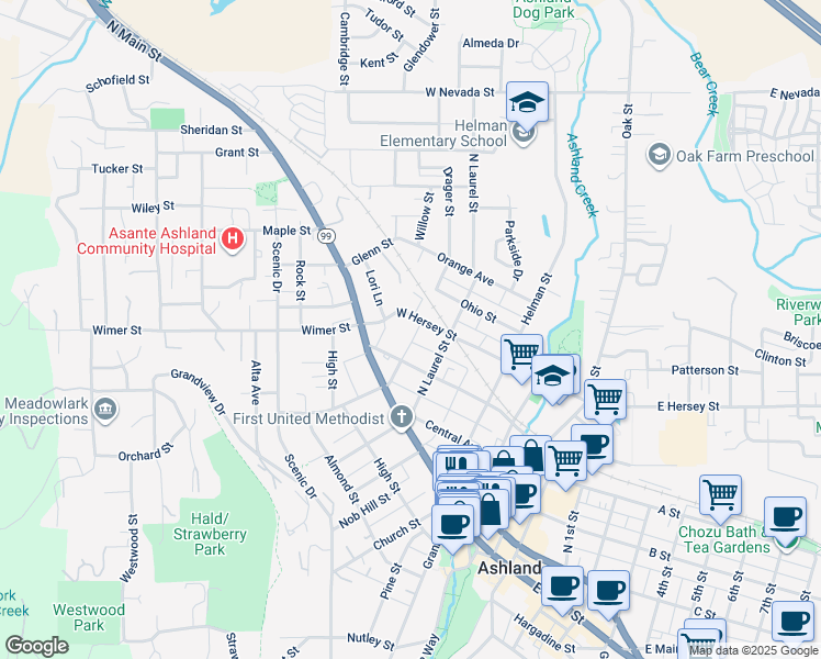 map of restaurants, bars, coffee shops, grocery stores, and more near 279 West Hersey Street in Ashland