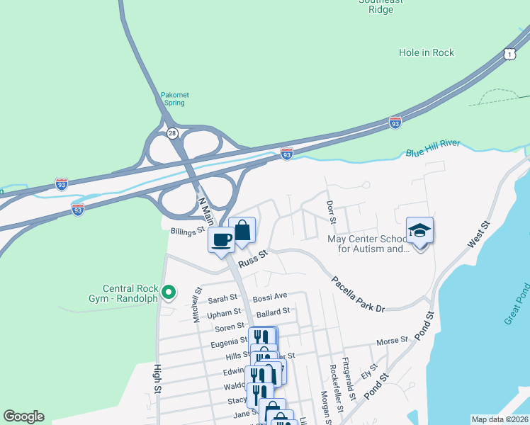 map of restaurants, bars, coffee shops, grocery stores, and more near 15 Martindale Road in Randolph