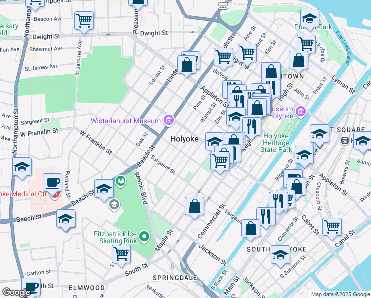 map of restaurants, bars, coffee shops, grocery stores, and more near in Holyoke