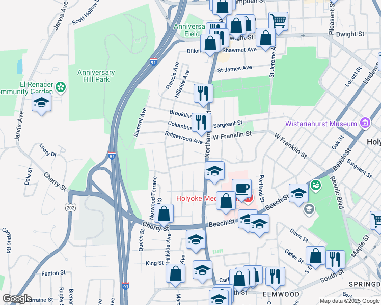 map of restaurants, bars, coffee shops, grocery stores, and more near 15 Greenwood Avenue in Holyoke