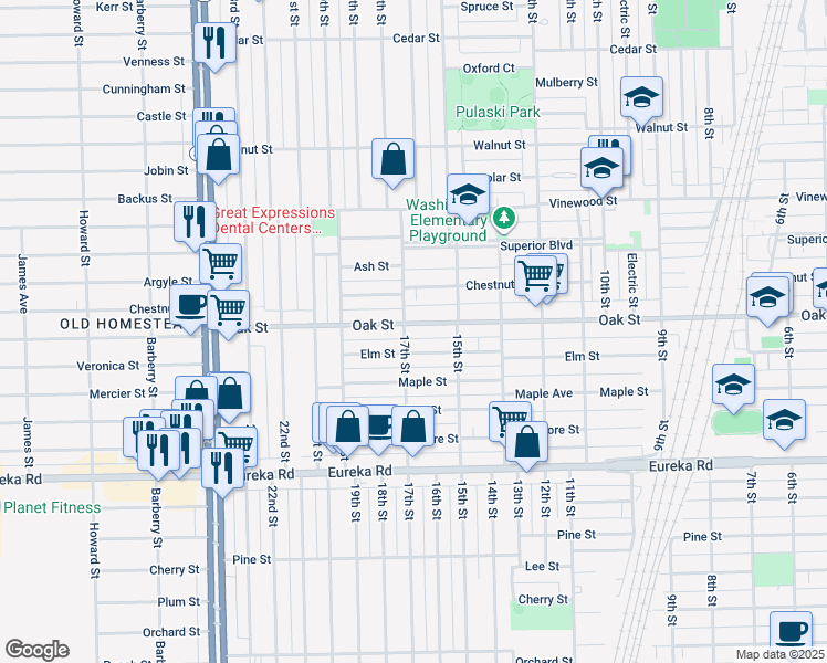 map of restaurants, bars, coffee shops, grocery stores, and more near 1564 Oak Street in Wyandotte