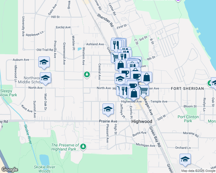 map of restaurants, bars, coffee shops, grocery stores, and more near 233 Llewellyn Avenue in Highwood